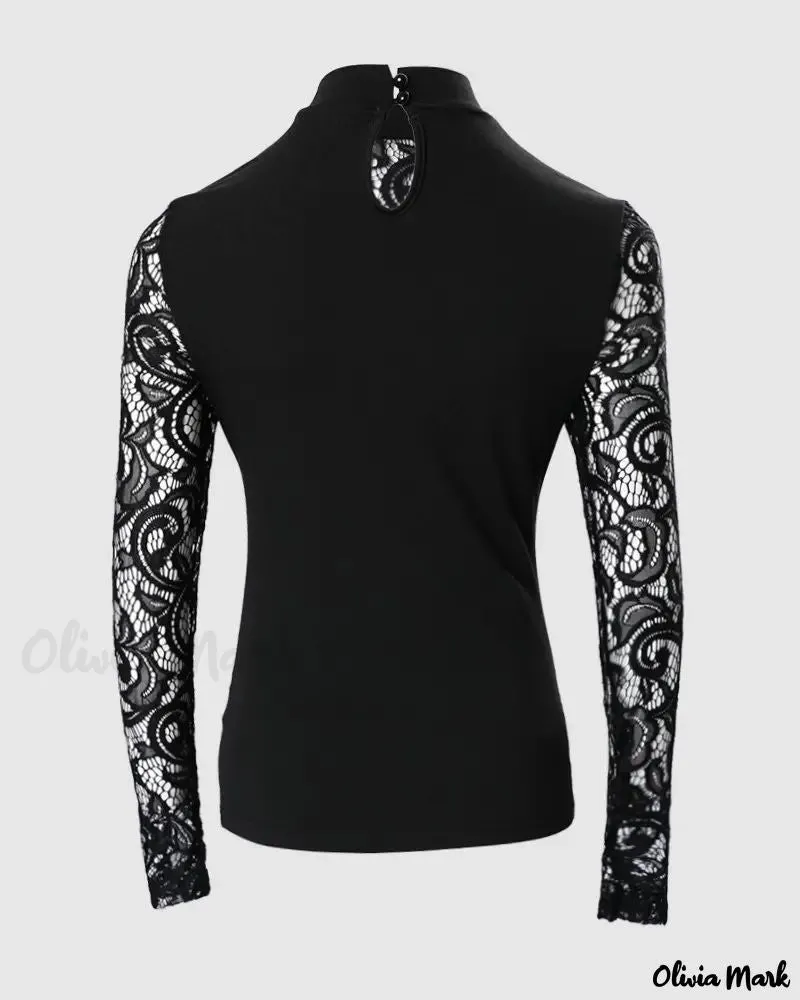 Xieyinshe - Eyelet Lace-Up Contrast Lace Long Sleeve Top