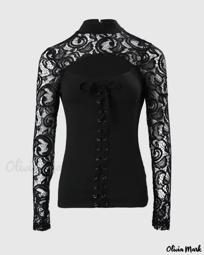 Xieyinshe - Eyelet Lace-Up Contrast Lace Long Sleeve Top