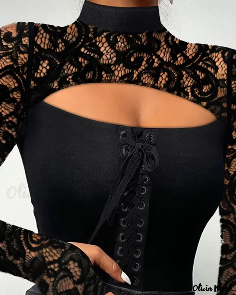 Xieyinshe - Eyelet Lace-Up Contrast Lace Long Sleeve Top