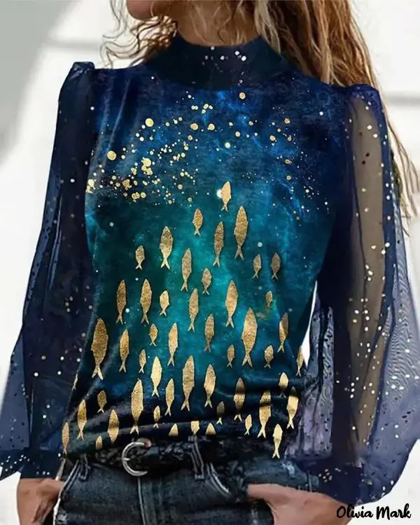 Xieyinshe - Fish Print Contrast Mesh Long Sleeve Top