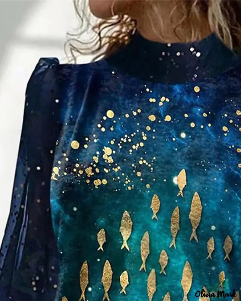Xieyinshe - Fish Print Contrast Mesh Long Sleeve Top