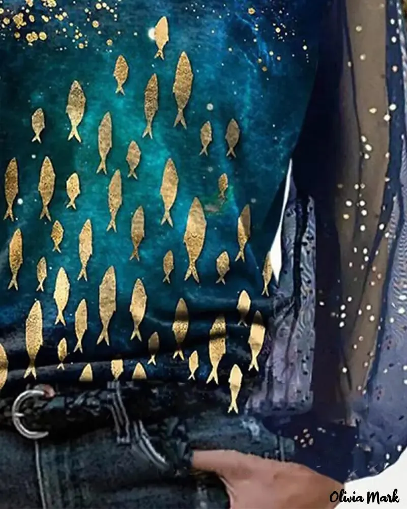 Xieyinshe - Fish Print Contrast Mesh Long Sleeve Top
