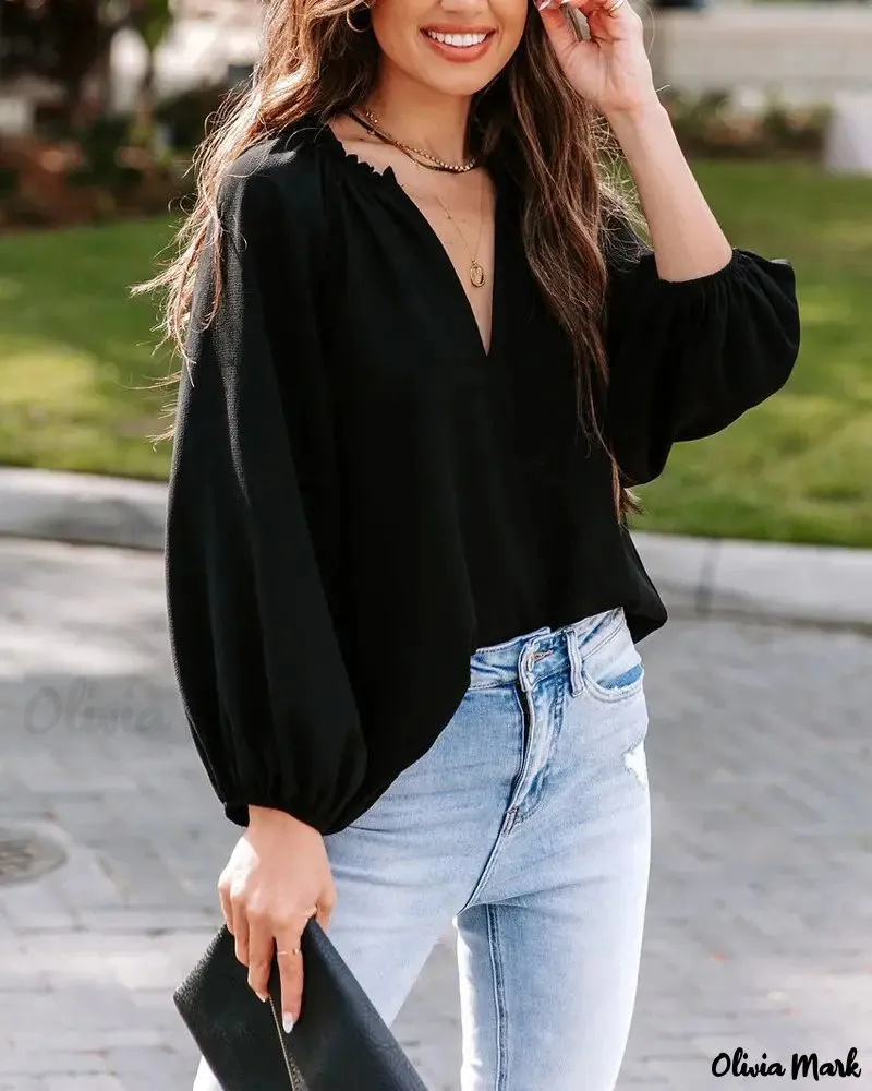 Xieyinshe - Frill Hem V-Neck Long Sleeve Top