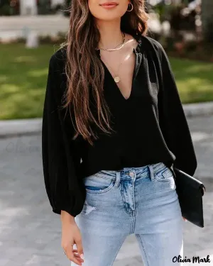 Xieyinshe - Frill Hem V-Neck Long Sleeve Top