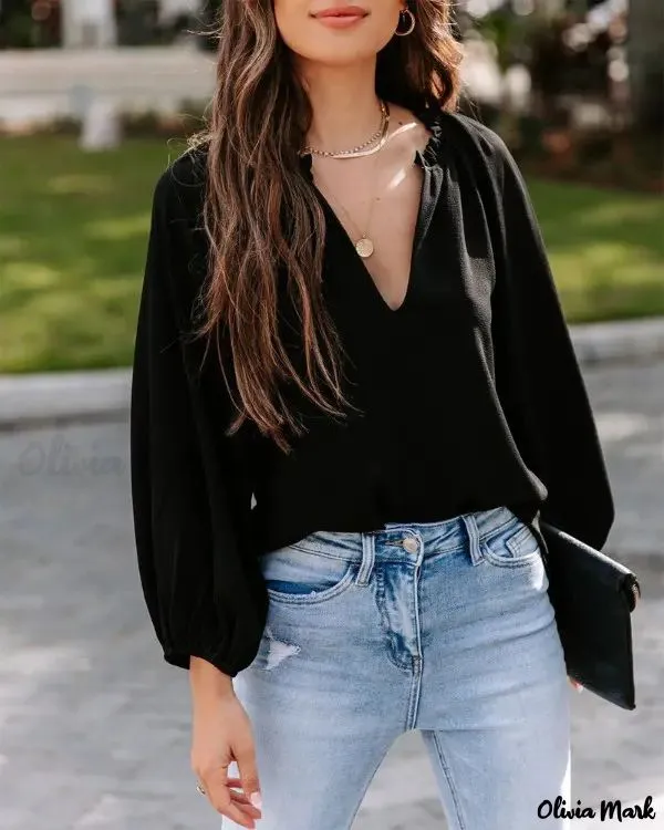 Xieyinshe - Frill Hem V-Neck Long Sleeve Top
