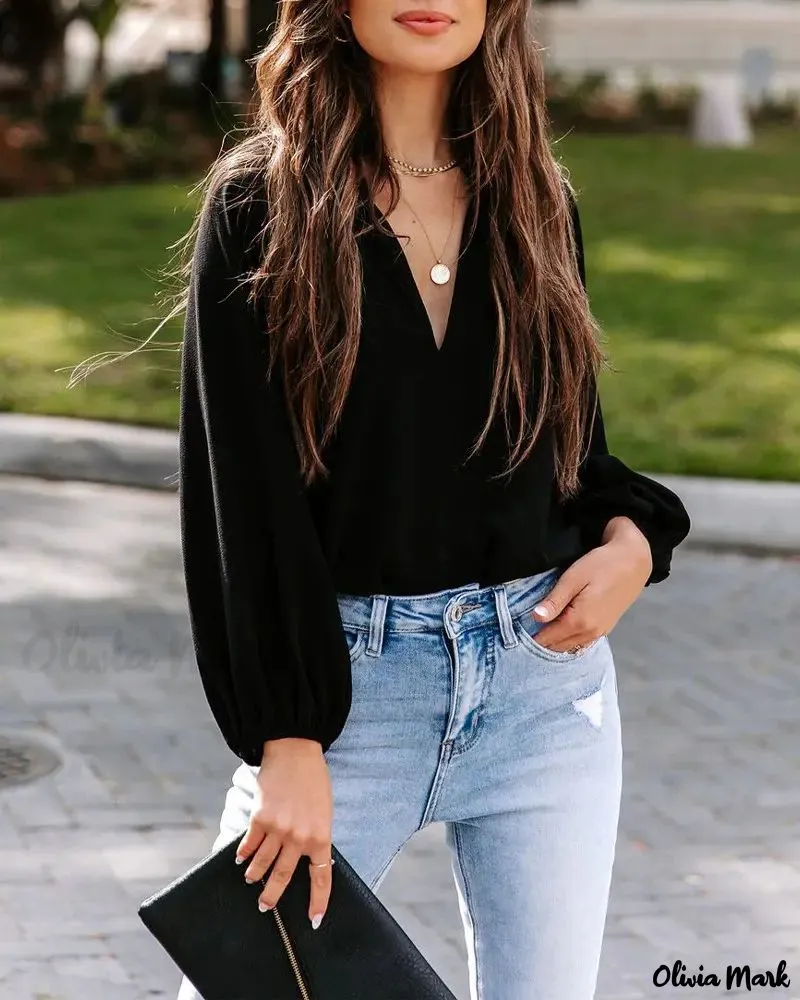 Xieyinshe - Frill Hem V-Neck Long Sleeve Top