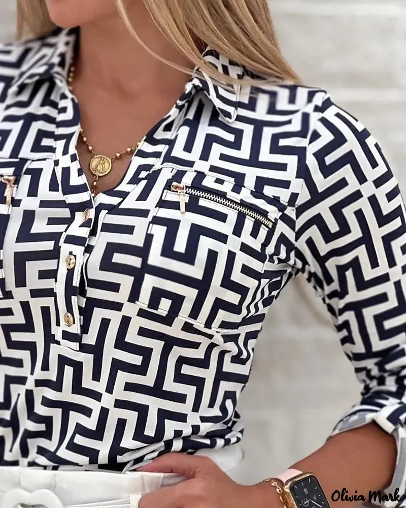 Xieyinshe - Geometric Print Long Sleeve Button Down Shirt