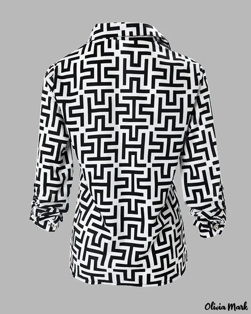 Xieyinshe - Geometric Print Long Sleeve Button Down Shirt