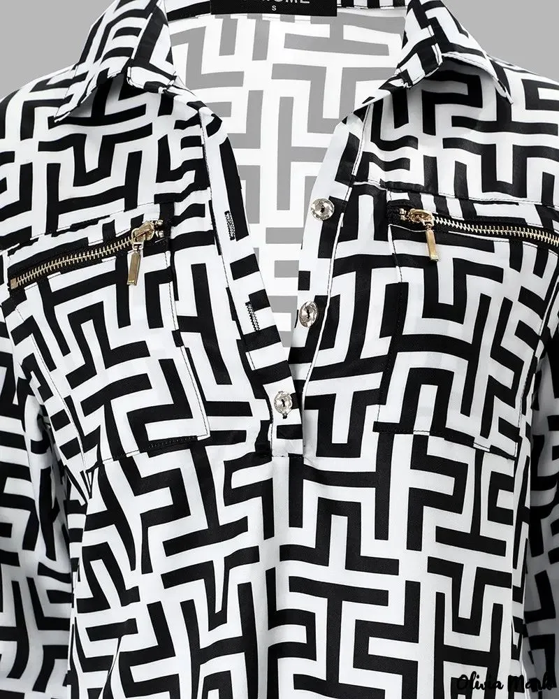 Xieyinshe - Geometric Print Long Sleeve Button Down Shirt