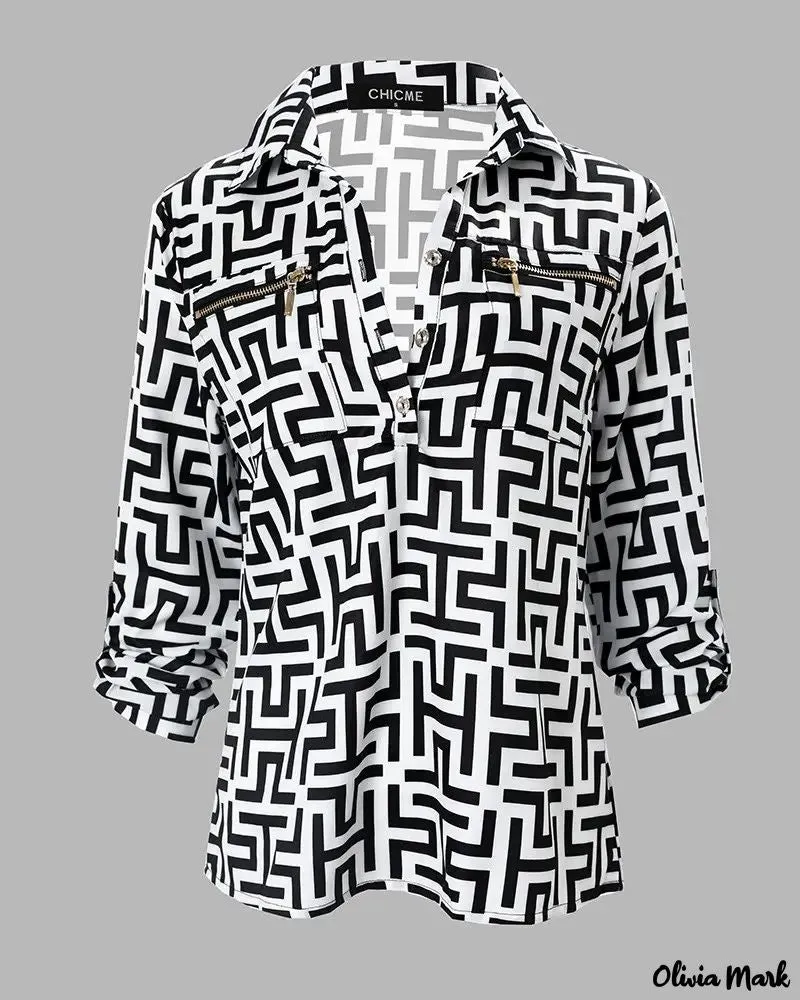 Xieyinshe - Geometric Print Long Sleeve Button Down Shirt