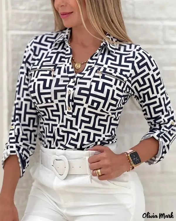 Xieyinshe - Geometric Print Long Sleeve Button Down Shirt