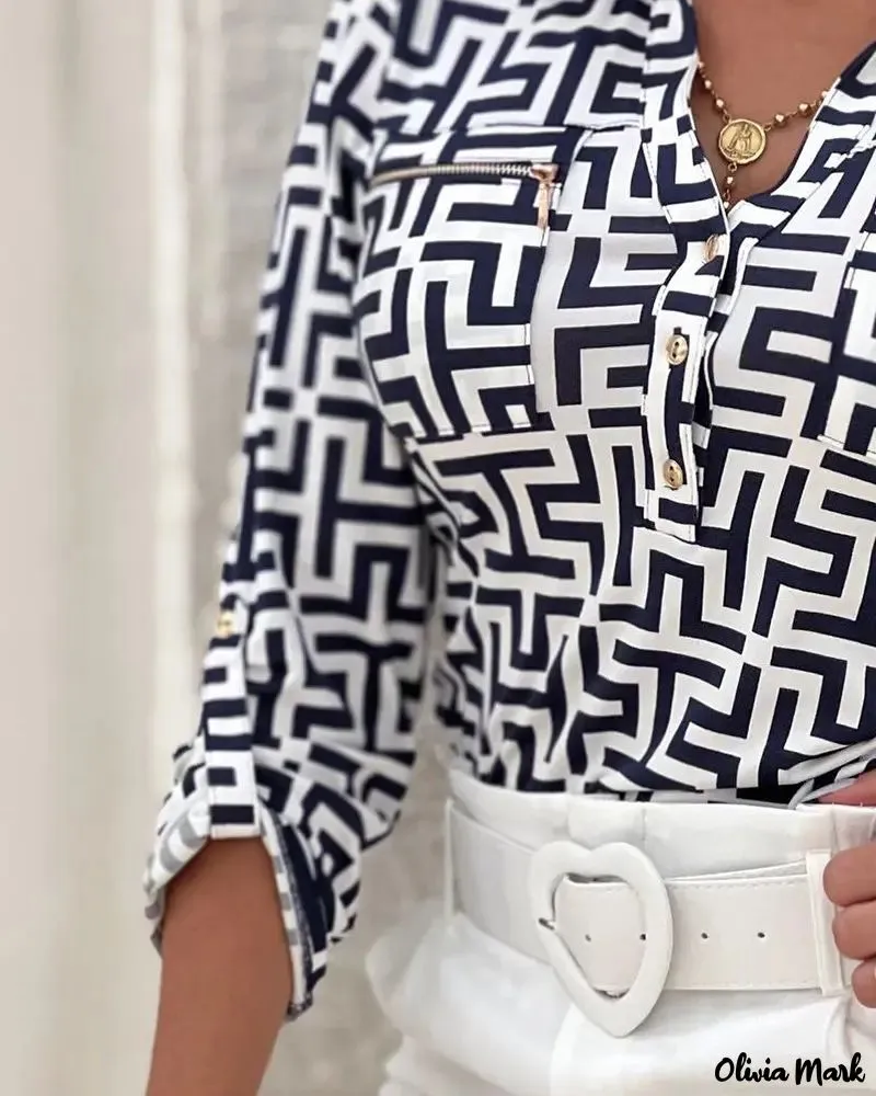 Xieyinshe - Geometric Print Long Sleeve Button Down Shirt