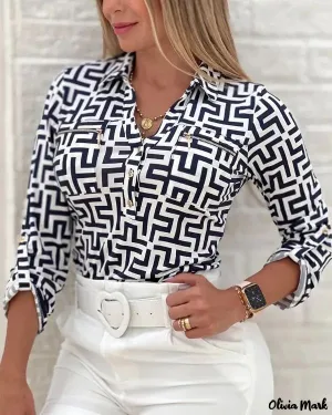 Xieyinshe - Geometric Print Long Sleeve Button Down Shirt