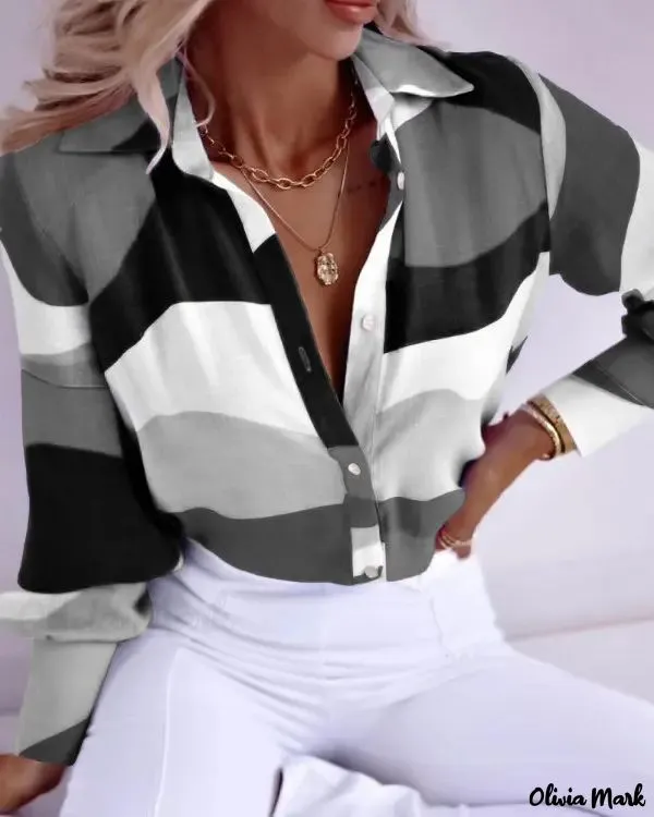 Xieyinshe - Geometric Print Long Sleeve Button-Up Shirt