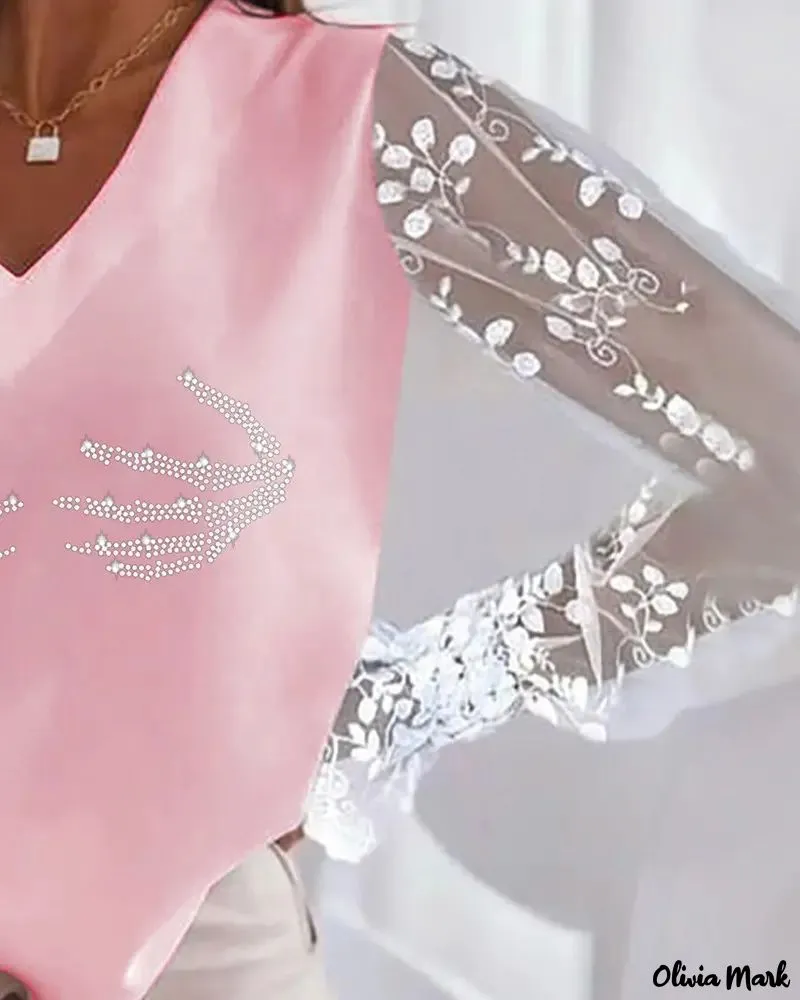 Xieyinshe - Halloween Rhinestone Contrast Lace Long Sleeve Top