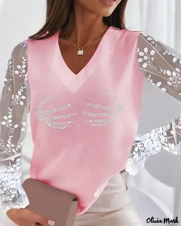 Xieyinshe - Halloween Rhinestone Contrast Lace Long Sleeve Top
