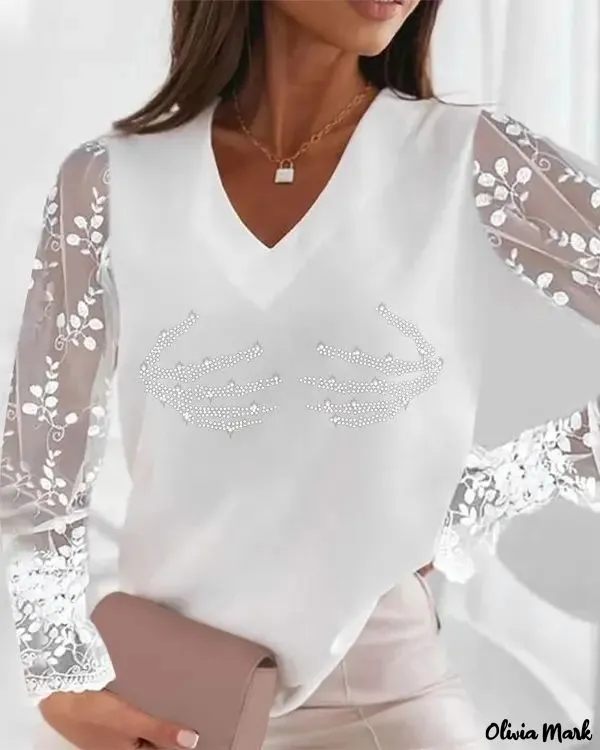 Xieyinshe - Halloween Rhinestone Contrast Lace Long Sleeve Top