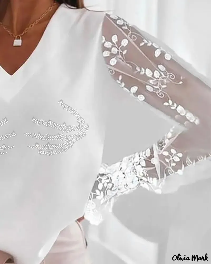 Xieyinshe - Halloween Rhinestone Contrast Lace Long Sleeve Top