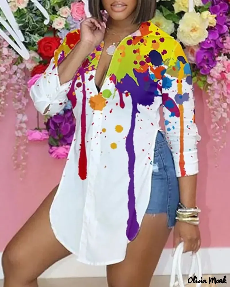 Xieyinshe - Ink Splash Print Slit Long Sleeve Shirt