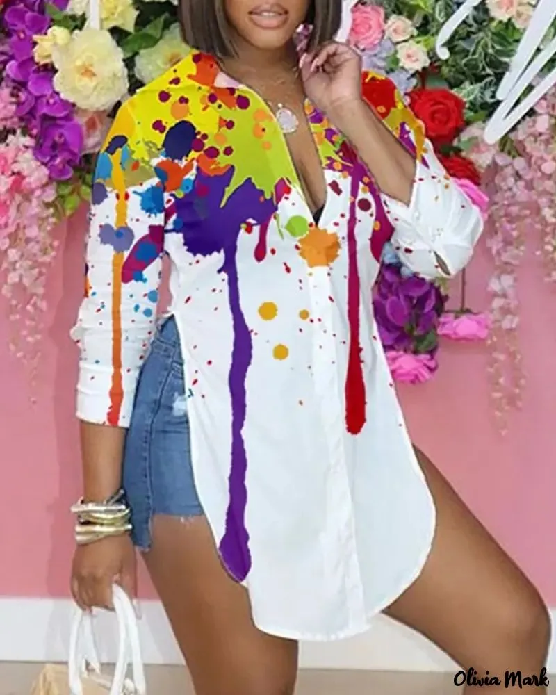 Xieyinshe - Ink Splash Print Slit Long Sleeve Shirt