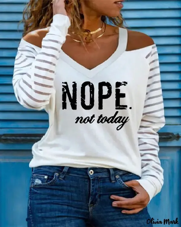 Xieyinshe - Letter Print Off Shoulder Mesh Long Sleeve Top