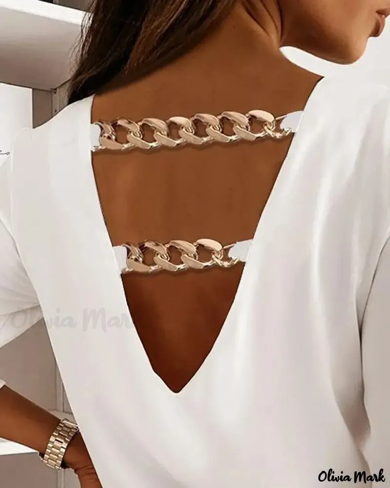 Xieyinshe - Long Sleeve V-Back Top with Chain Decor