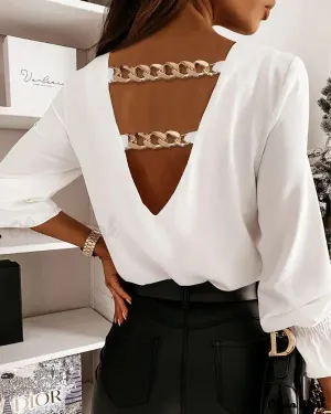 Xieyinshe - Long Sleeve V-Back Top with Chain Decor