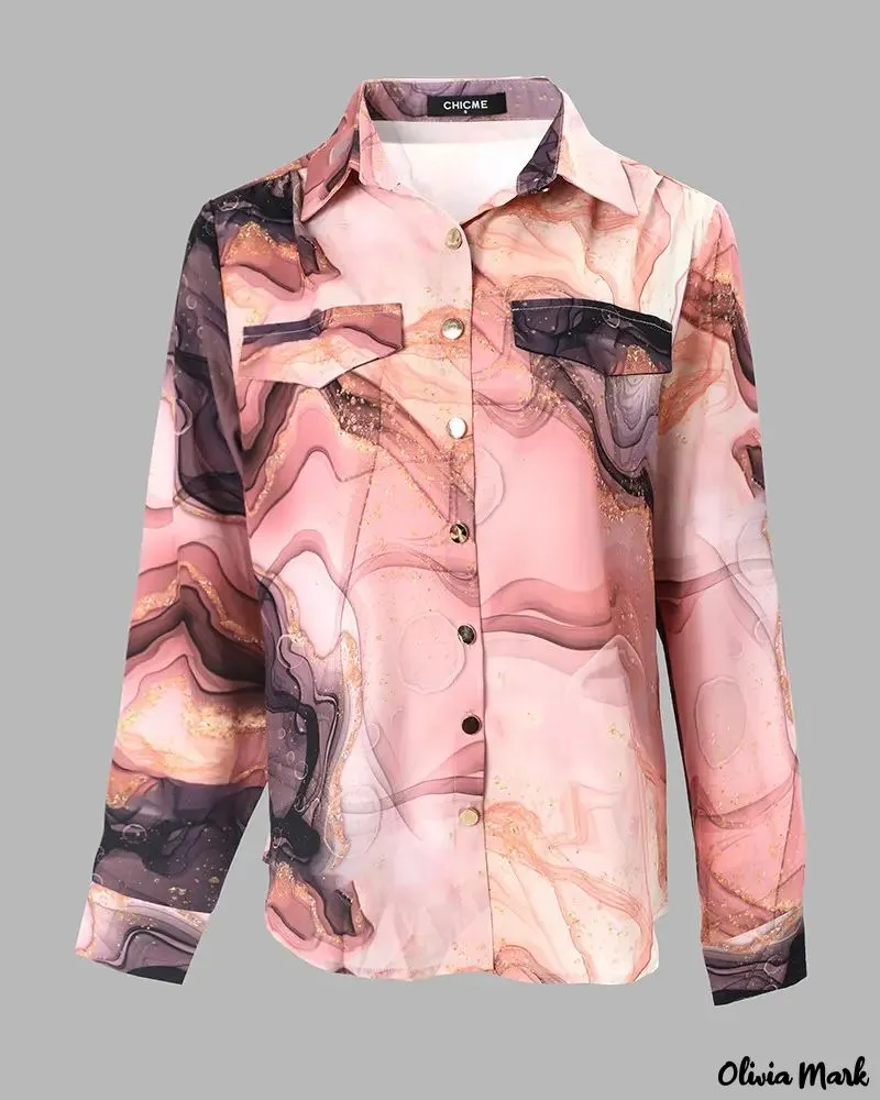 Xieyinshe - Marble Print Long Sleeve Button Down Shirt