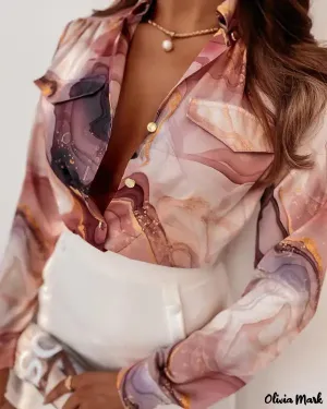 Xieyinshe - Marble Print Long Sleeve Button Down Shirt