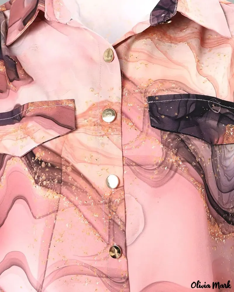 Xieyinshe - Marble Print Long Sleeve Button Down Shirt