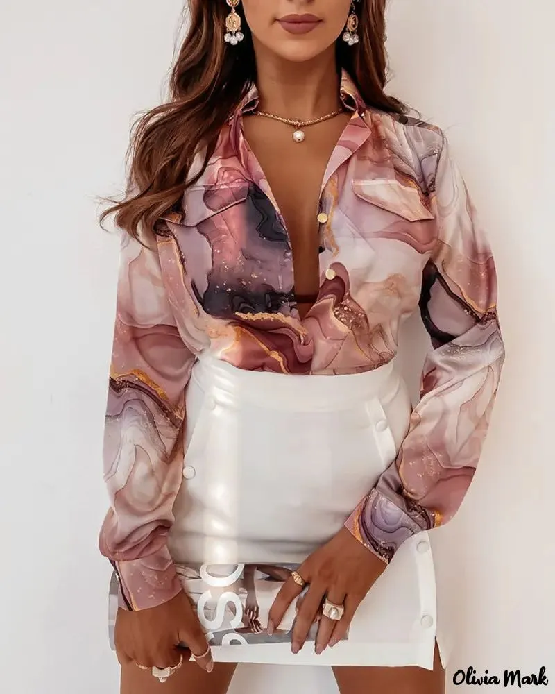 Xieyinshe - Marble Print Long Sleeve Button Down Shirt