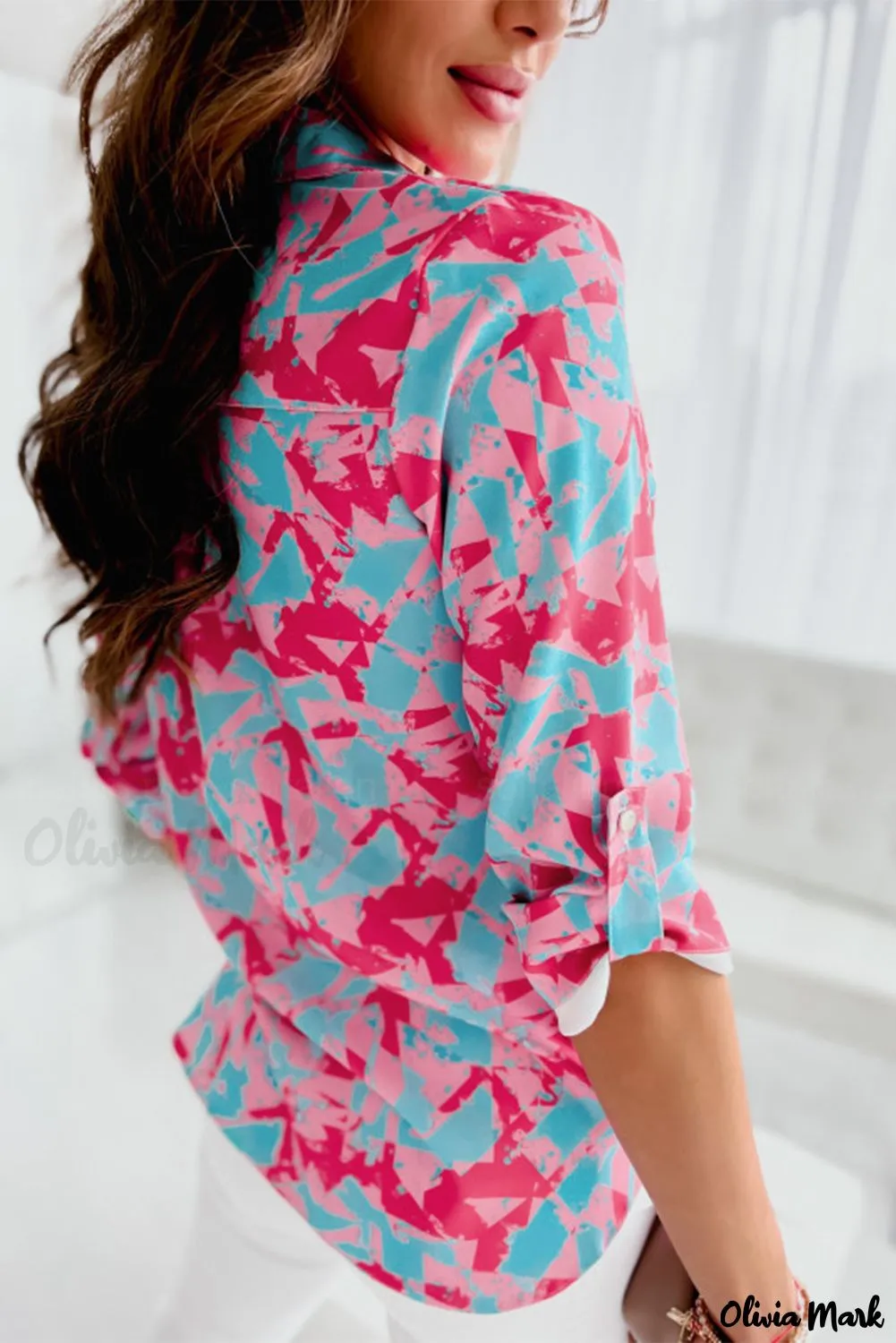 Xieyinshe - Pink Abstract Print Button Down Long Sleeve Shirt