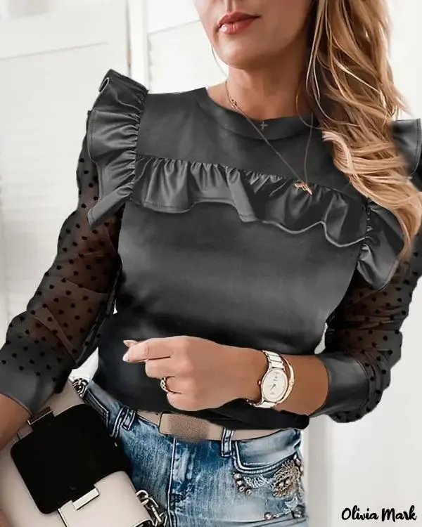 Xieyinshe - Polka Dot Knit Ruffle Hem Long Sleeve Top