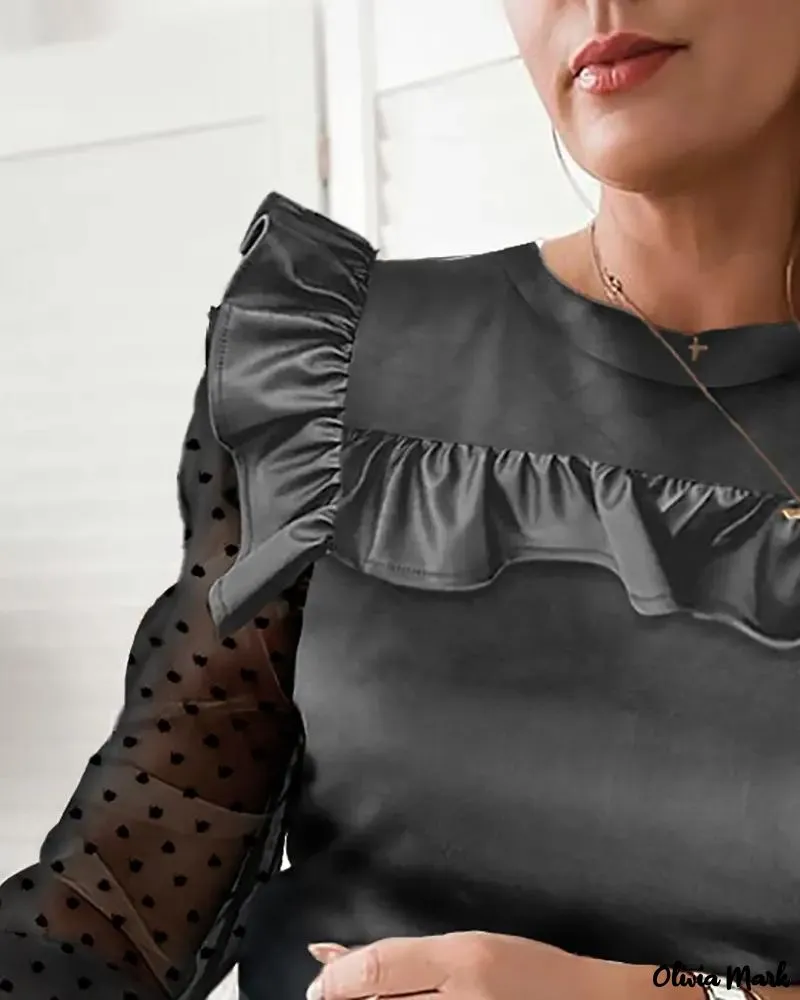 Xieyinshe - Polka Dot Knit Ruffle Hem Long Sleeve Top