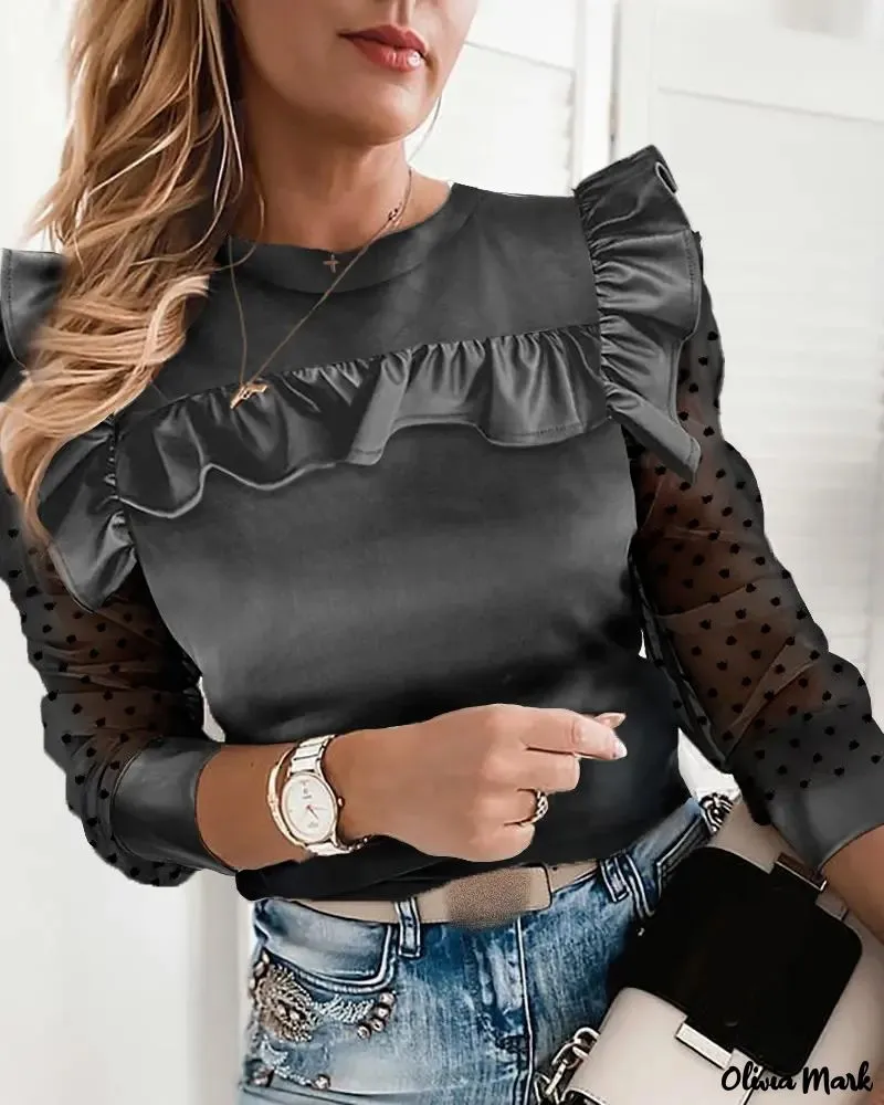 Xieyinshe - Polka Dot Knit Ruffle Hem Long Sleeve Top