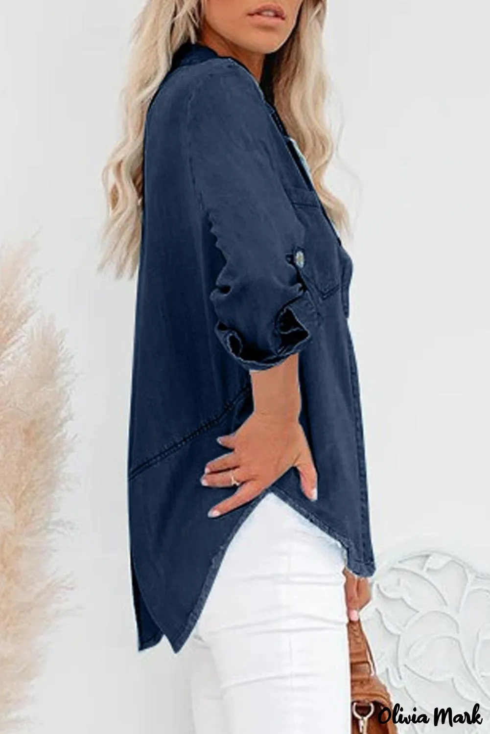 Xieyinshe - Rolled Long Sleeve Frayed Hem Denim Shirt