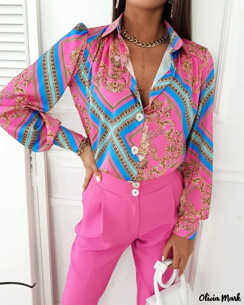 Xieyinshe - Scarf Baroque Print Long Sleeve Button-Down Shirt