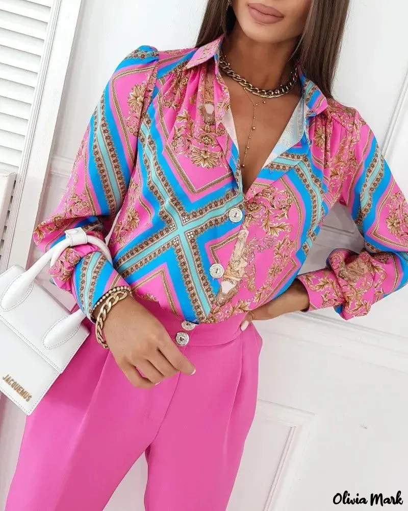 Xieyinshe - Scarf Baroque Print Long Sleeve Button-Down Shirt