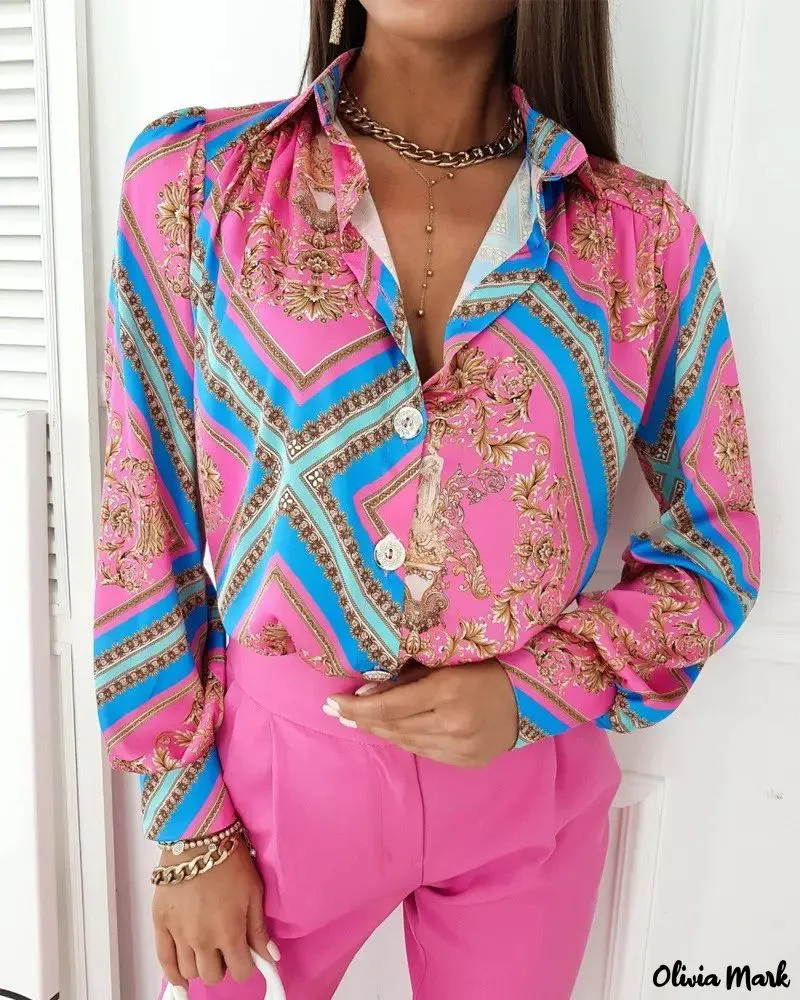 Xieyinshe - Scarf Baroque Print Long Sleeve Button-Down Shirt