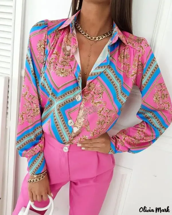 Xieyinshe - Scarf Baroque Print Long Sleeve Button-Down Shirt