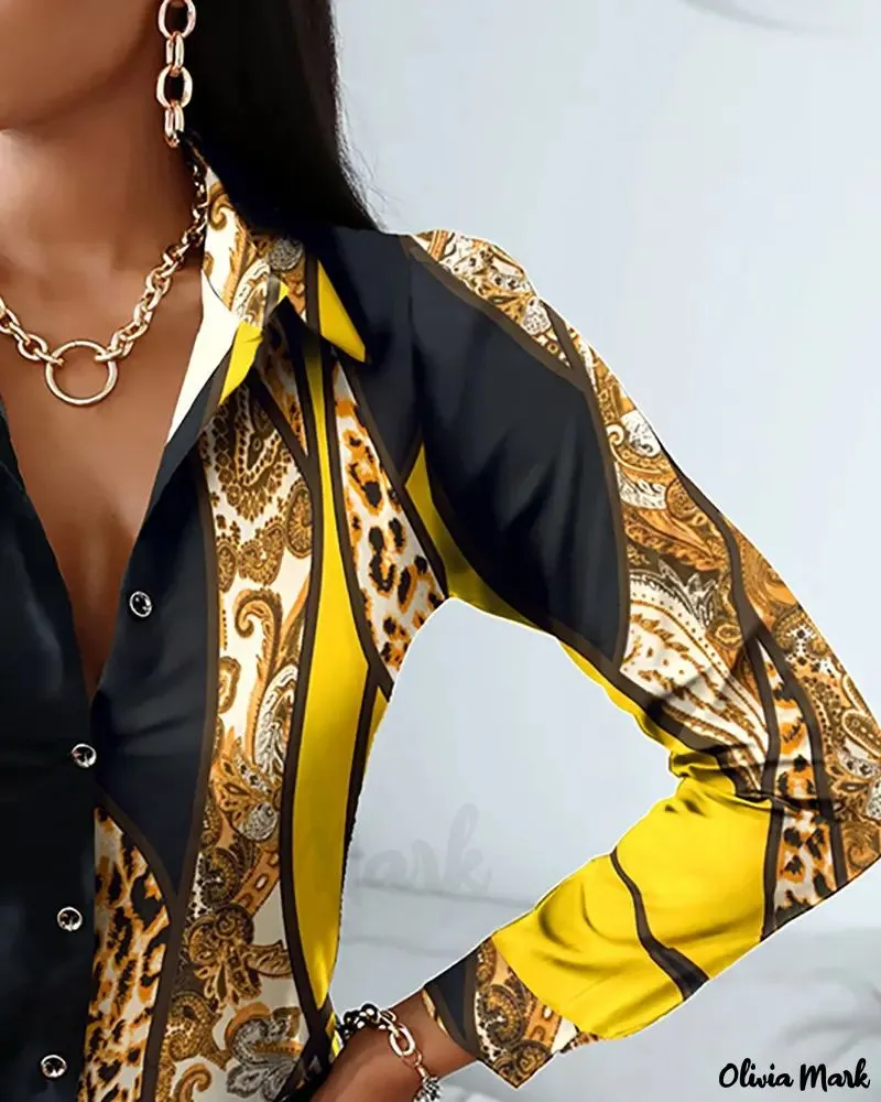 Xieyinshe - Scarf Print Buttoned Long Sleeve Top