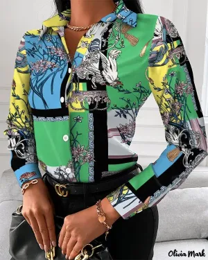 Xieyinshe - Scarf Print Long Sleeve Button Down Blouse
