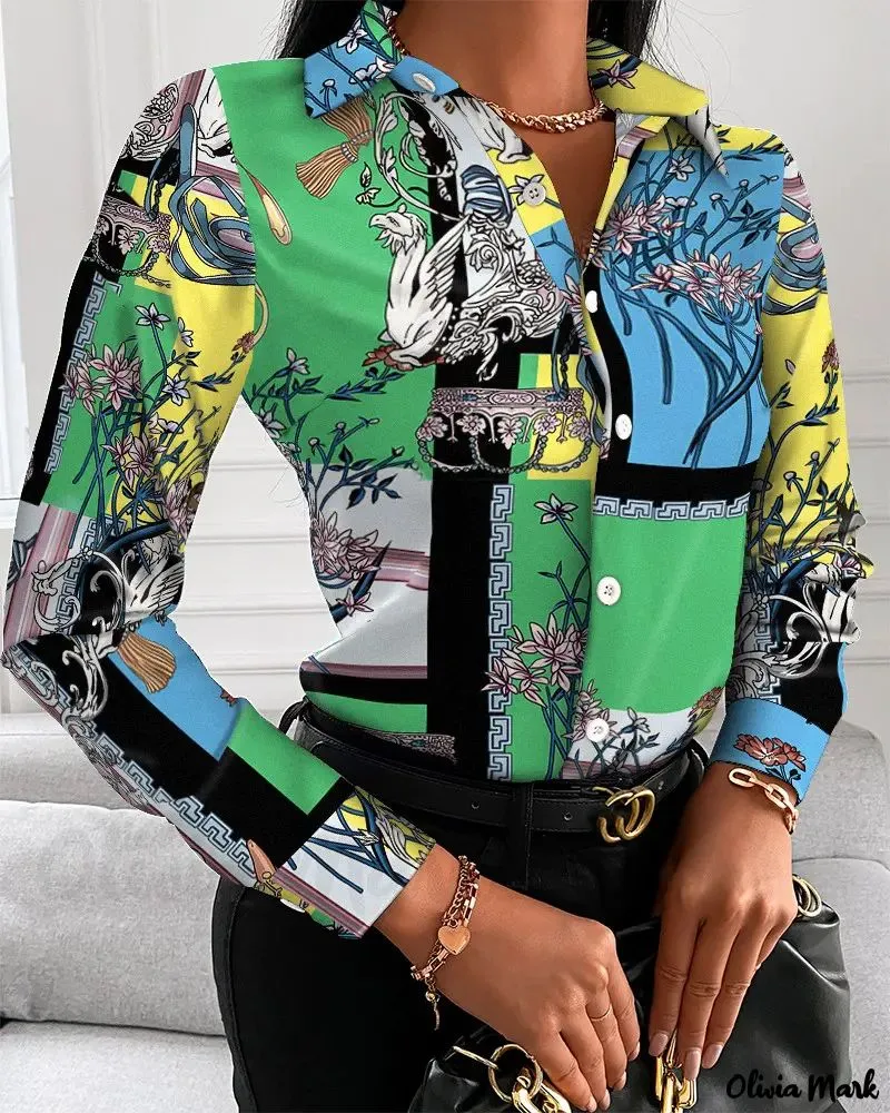 Xieyinshe - Scarf Print Long Sleeve Button Down Blouse