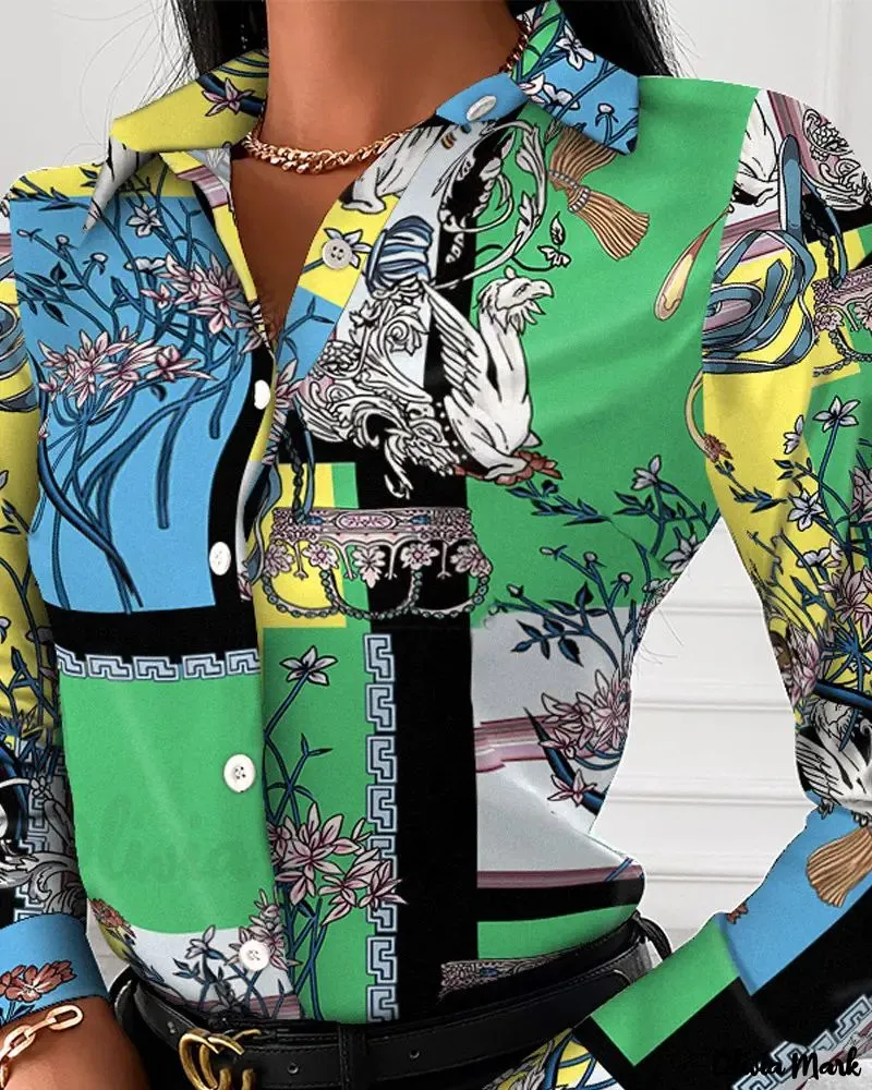 Xieyinshe - Scarf Print Long Sleeve Button Down Blouse