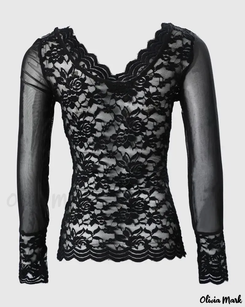 Xieyinshe - Sheer lace long sleeve top with embroidery