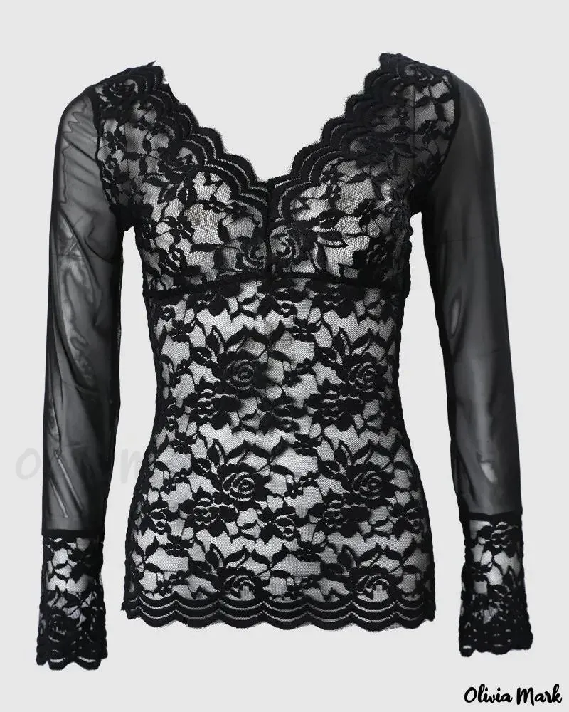 Xieyinshe - Sheer lace long sleeve top with embroidery