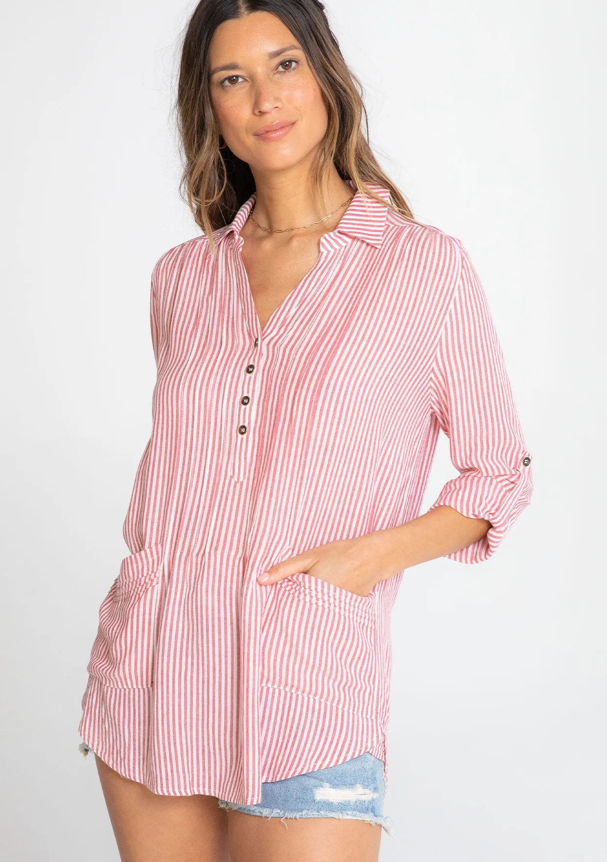 Yarn Dye Striped Pleated Oversized Collared Top