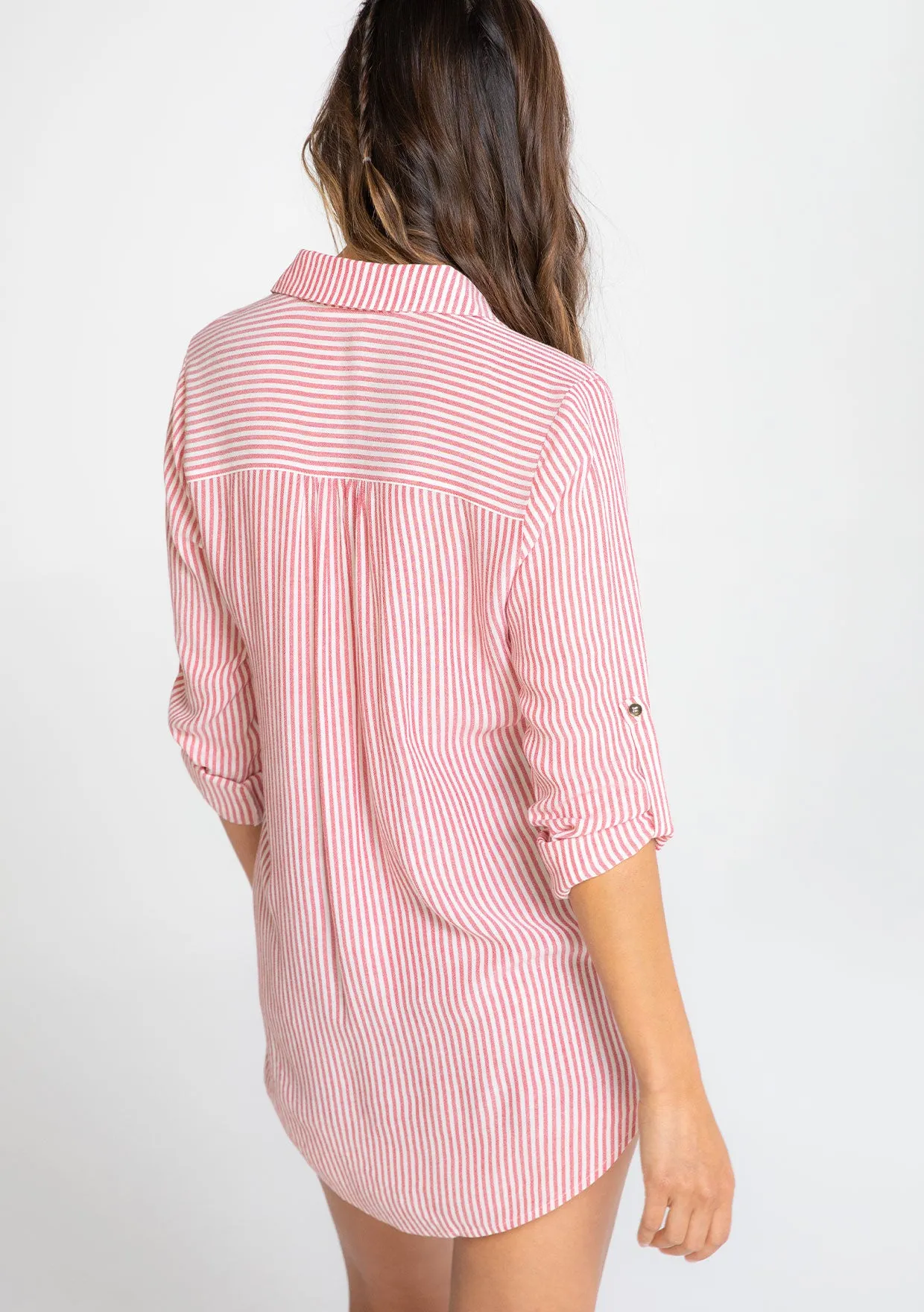 Yarn Dye Striped Pleated Oversized Collared Top