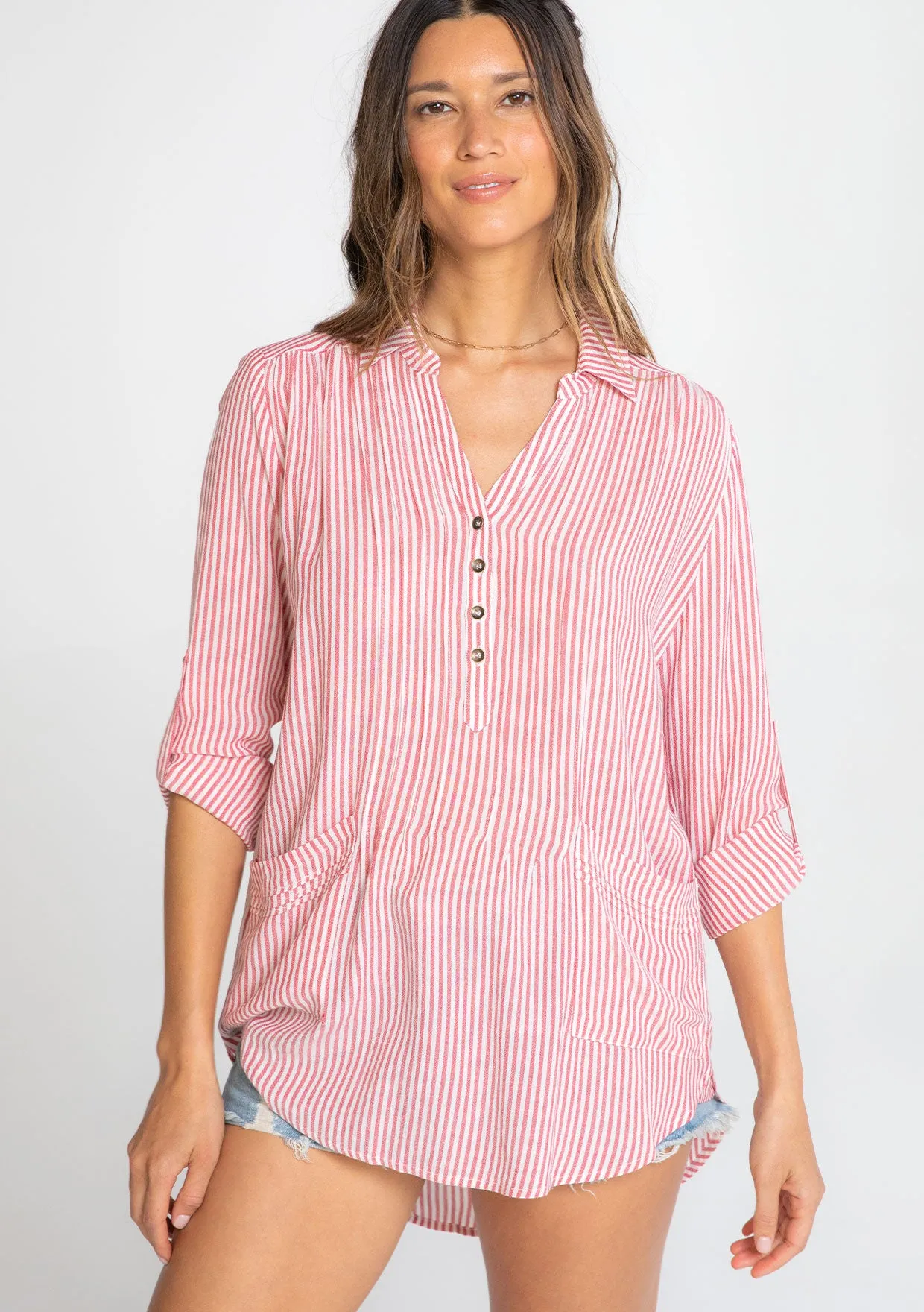 Yarn Dye Striped Pleated Oversized Collared Top