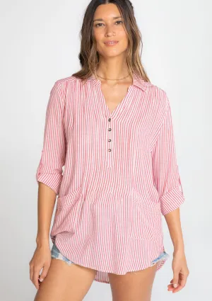 Yarn Dye Striped Pleated Oversized Collared Top